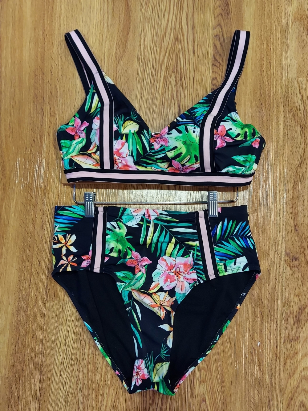 Swimsuits For All Black Tropical Floral High-Waist Bikini